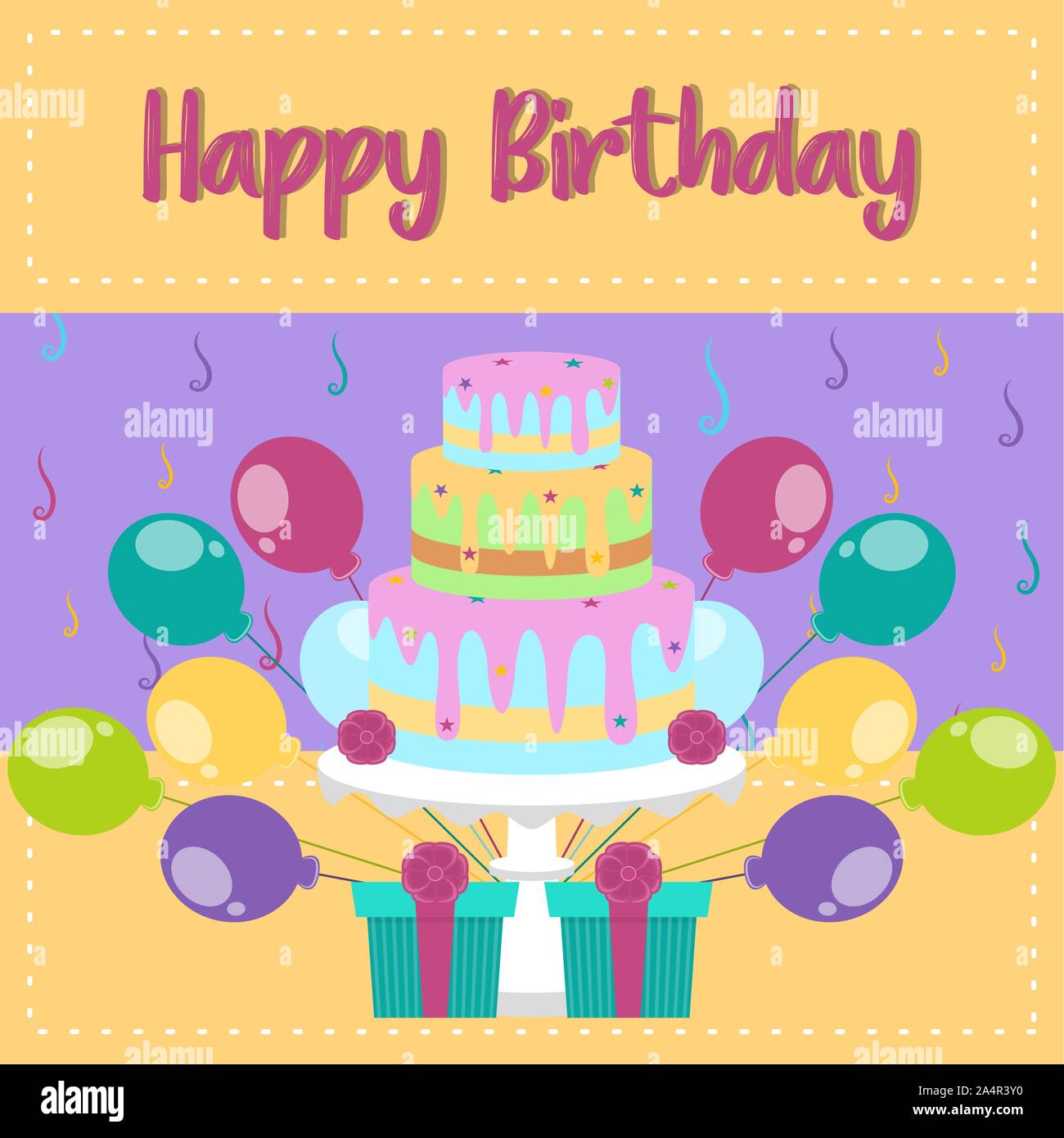 Colored birthday card with a birthday cake, balloons and presents ...