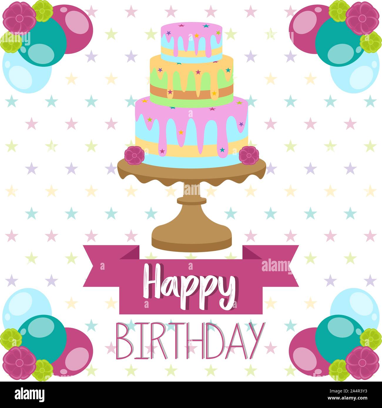 Colored birthday card with a birthday cake and balloons - Vector Stock ...