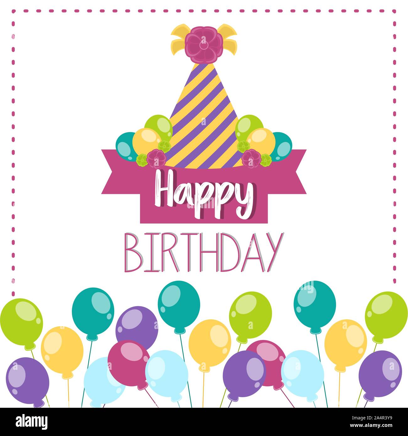 Colored birthday card with balloons and a party hat - Vector Stock ...