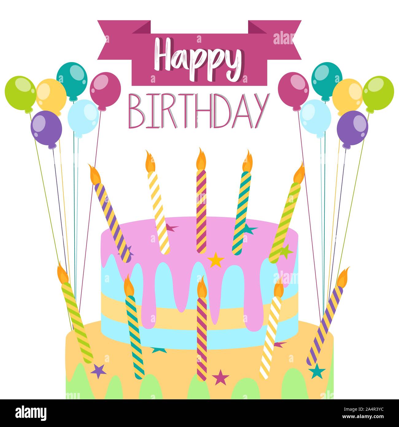 Colored birthday card with a birthday cake and balloons - Vector Stock ...