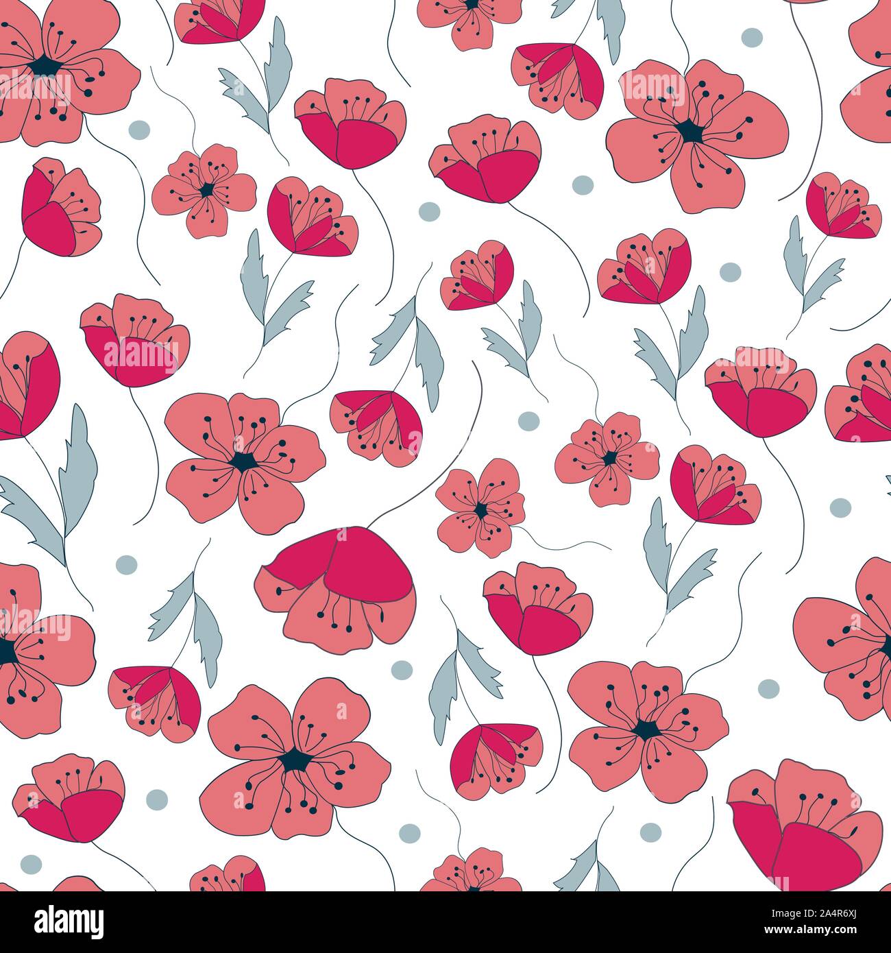 Poppies forever, seamless repeat vector with poppy flowers in bloom, surface pattern Stock Vector