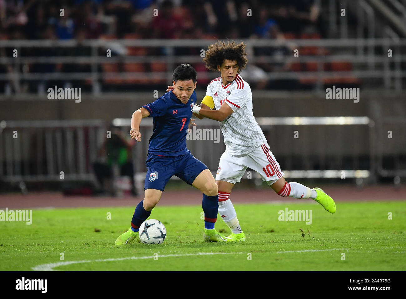 Pathum Thani Thailand 15th Oct 19 Supachok Sarachart Of Thailand No 7 Competes For The Ball With Player Of United Arab Emirates Uae During The Fifa World Cup Asian Second Qualifier Match Between Thailand