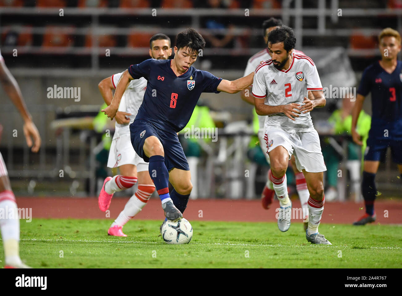 Pathum Thani Thailand 15th Oct 19 Ekanit Panya Of Thailand No 8 Competes For The Ball With Player Of United Arab Emirates Uae During The Fifa World Cup Asian Second Qualifier Match Between Thailand