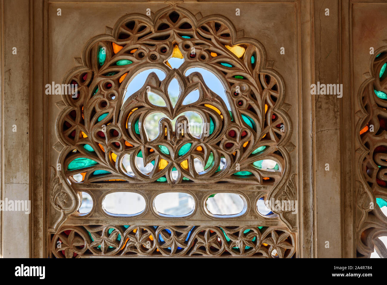 Decorative carving window of City palace in Udaipur. Rajasthan. India