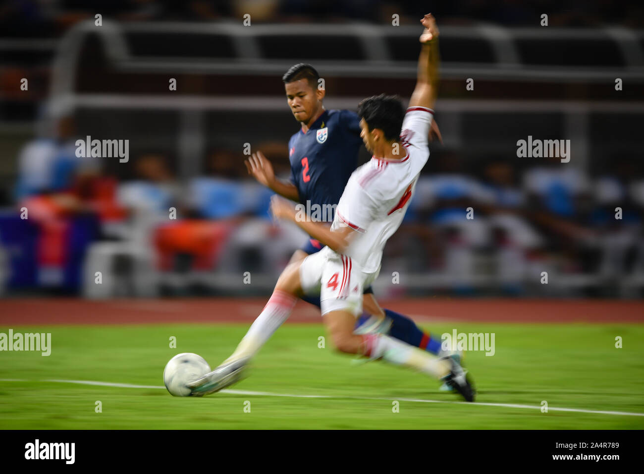 Pathum Thani Thailand 15th Oct 19 Sasalak Haiprakhon Of Thailand No 2 Competes For The Ball With Player Of United Arab Emirates Uae During The Fifa World Cup Asian Second Qualifier Match Between Thailand