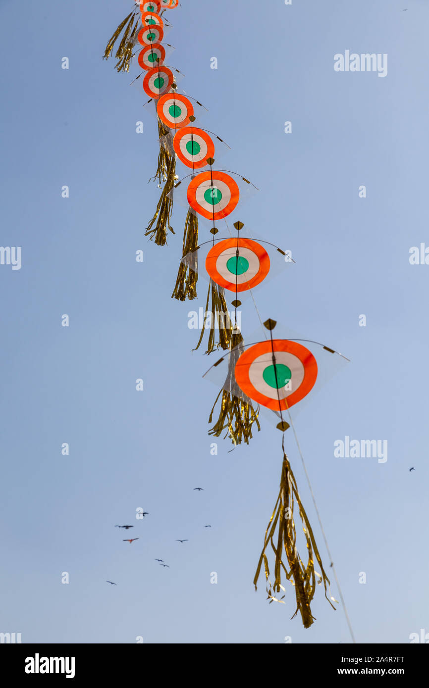 DELHI, INDIA, Various types of kites fly in the air at the India Gate