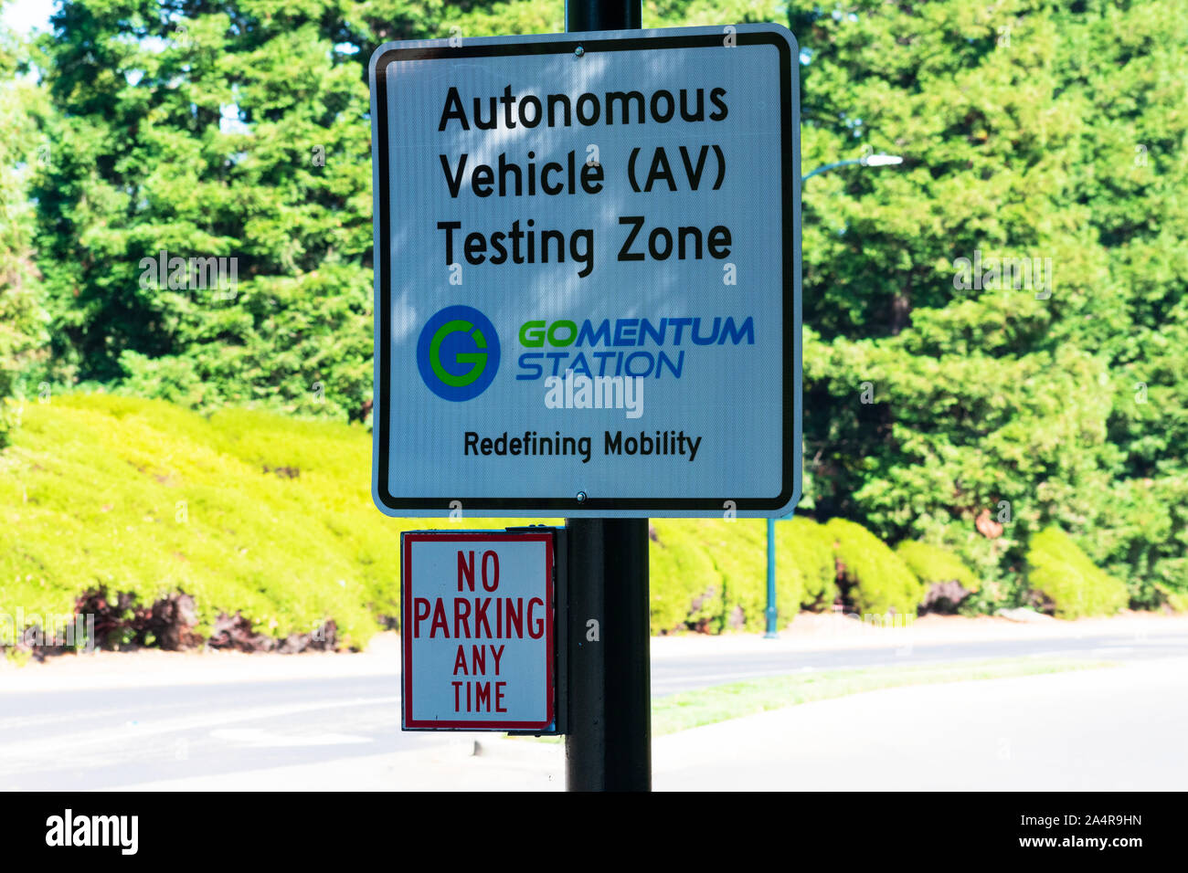 Autonomous vehicle testing zone sign. GoMentum Station is a testing