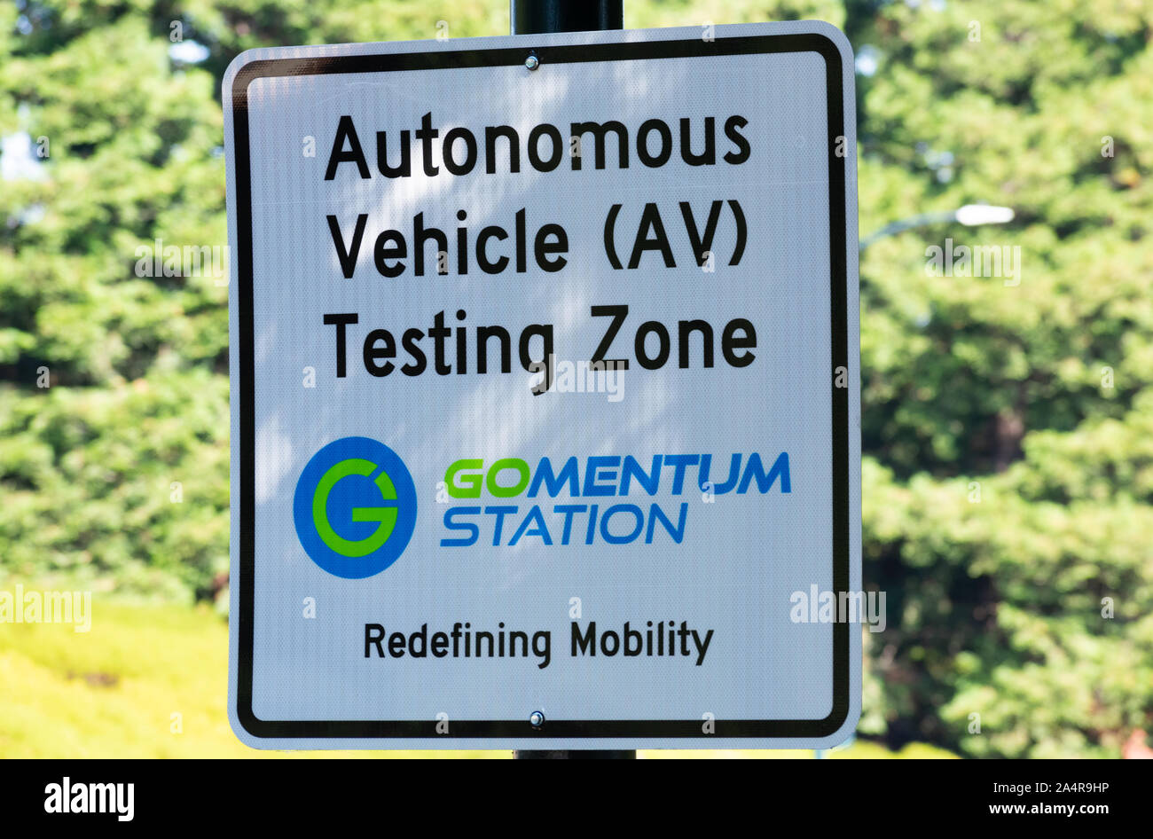 Autonomous vehicle testing zone sign. GoMentum Station is a testing