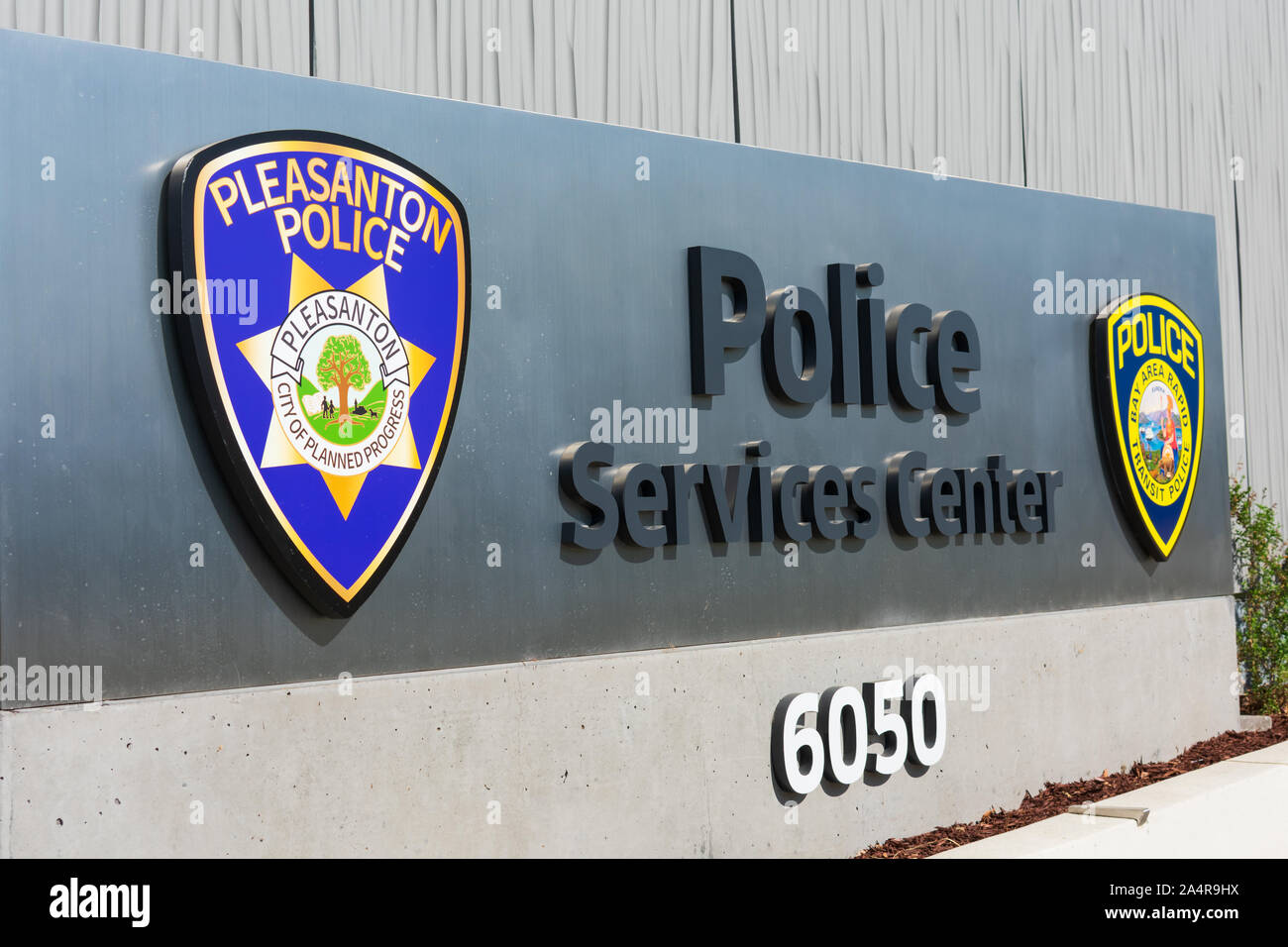 Pleasanton police and Bay Area Rapid Transit police sign at police service center near West Dublin/Pleasanton BART station of Bay Area Rapid Transit Stock Photo