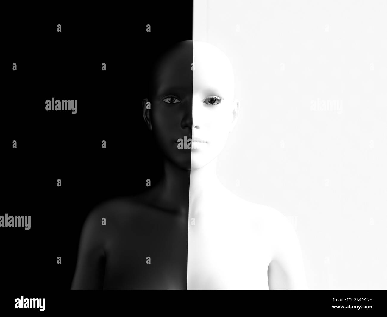 3D rendering of a woman half colored black and the other half white, blending in with the background, afraid to show her true colours. She is standing Stock Photo