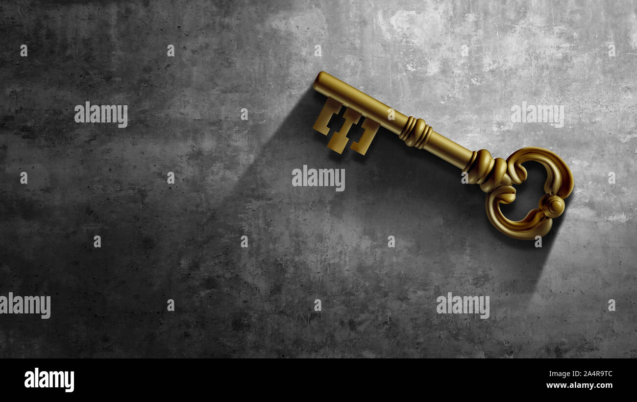 Business key as a golden security symbol and access icon for opportunity with text area as a 3D illustration. Stock Photo