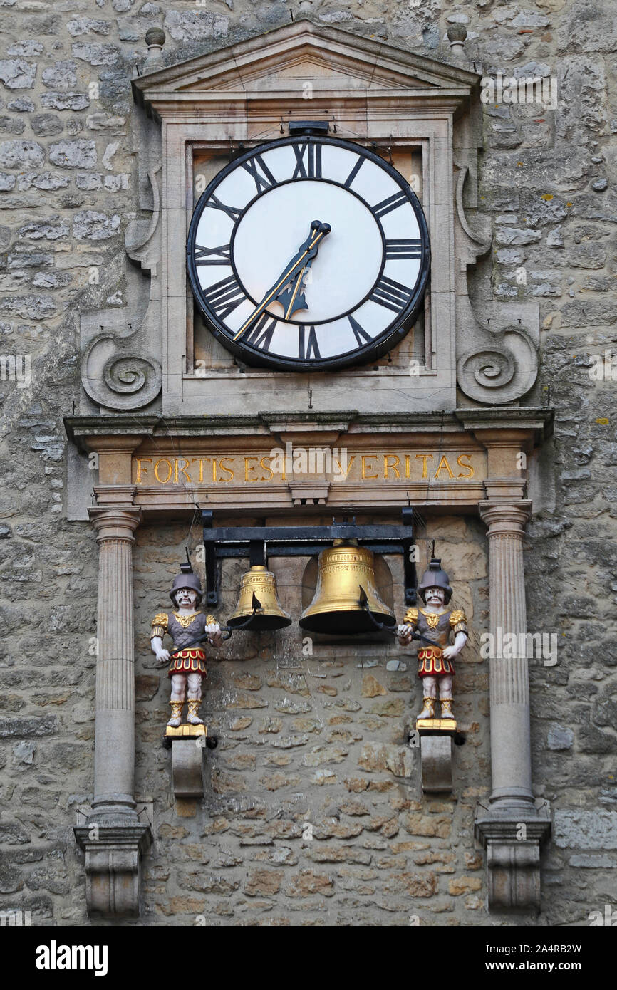detail of the clock on Carfax or Saint Martin's tower the remaining part of the 12th century Saint Martin's church in the heart of Oxford Stock Photo