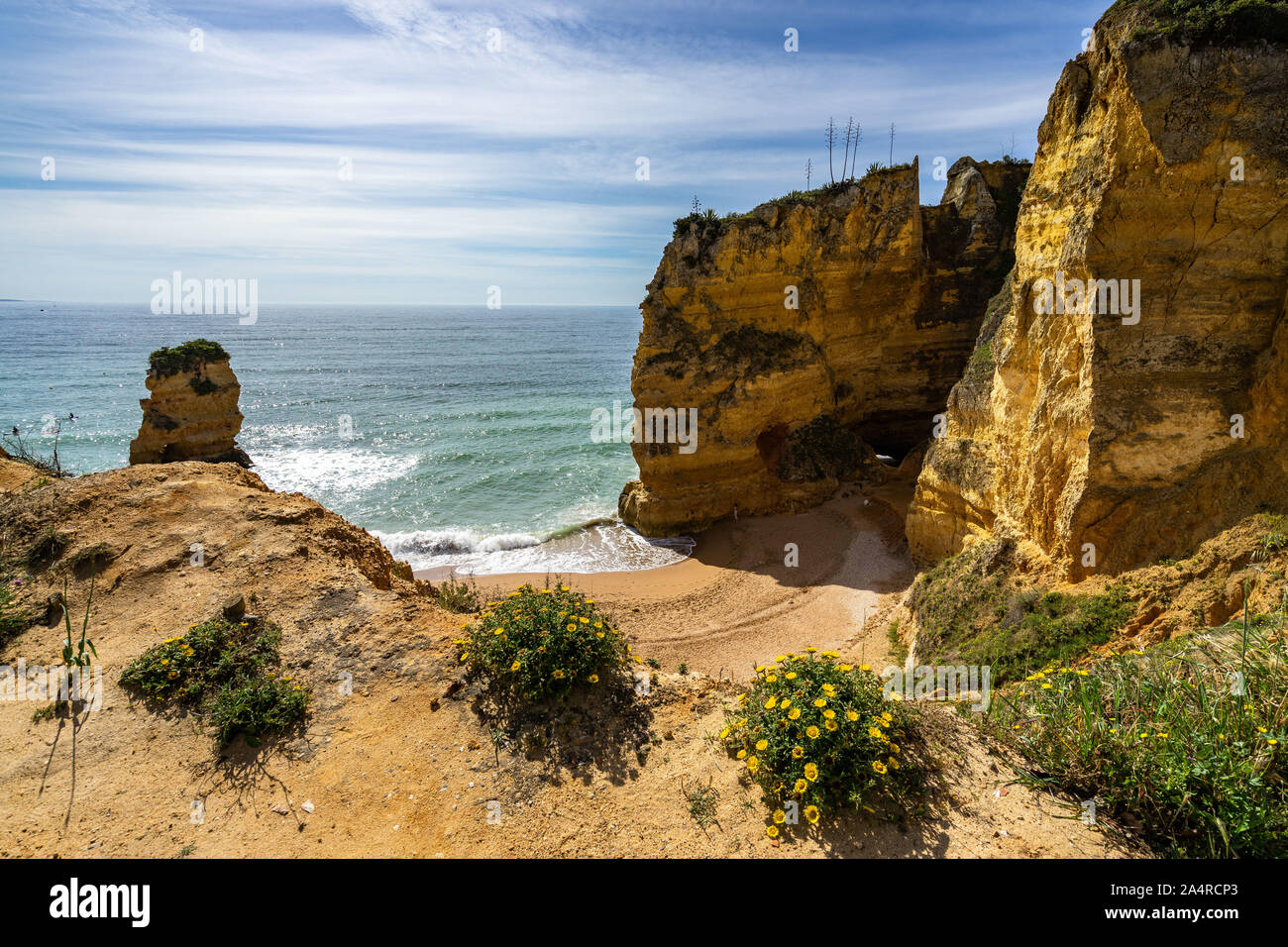 Panoramic view from cliffs of Praia dos Estudiantes (Student Beach), one of the finest beach near Lagos, Algarve, Portugal Stock Photo
