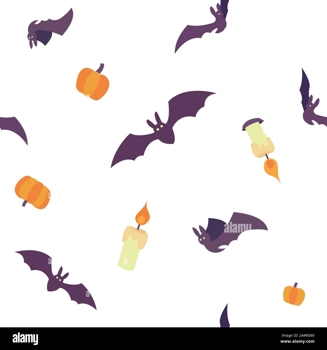 Vector seamless pattern with orange pumpkins, candles and purple bats ...