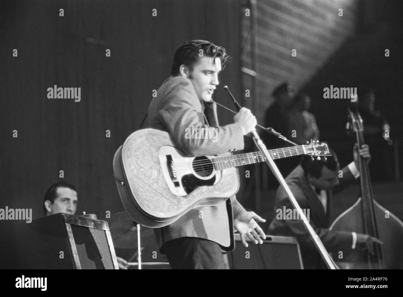 Elvis Presley during a performance at the University of Dayton Fieldhouse, May 27, 1956. Stock Photo