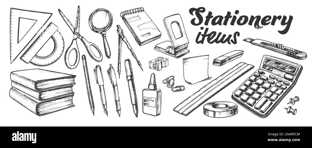 School And Office Stationery Items Ink Set Vector Stock Vector Image