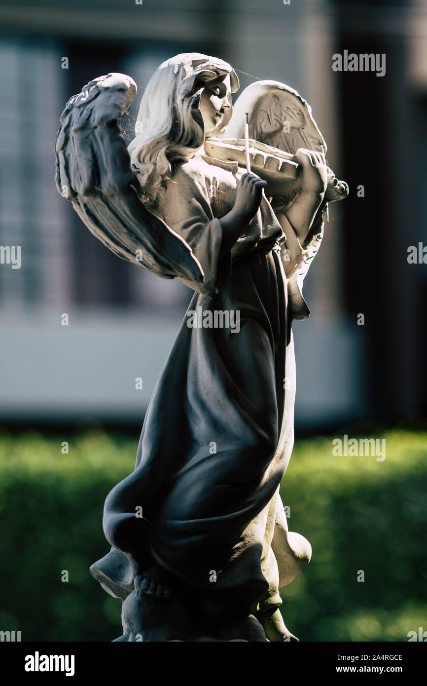 Statue of an angel playing violin in the garden Stock Photo Alamy