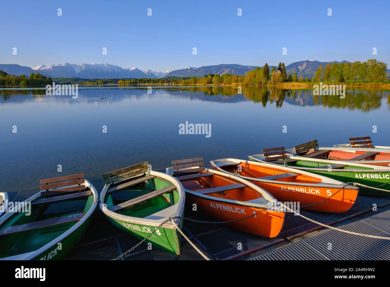 Rowing boats on the shores of Lake Staffelsee, Uffing on Staffelsee, Alpenvorland, Upper Bavaria, Bavaria, Germany Stock Photo