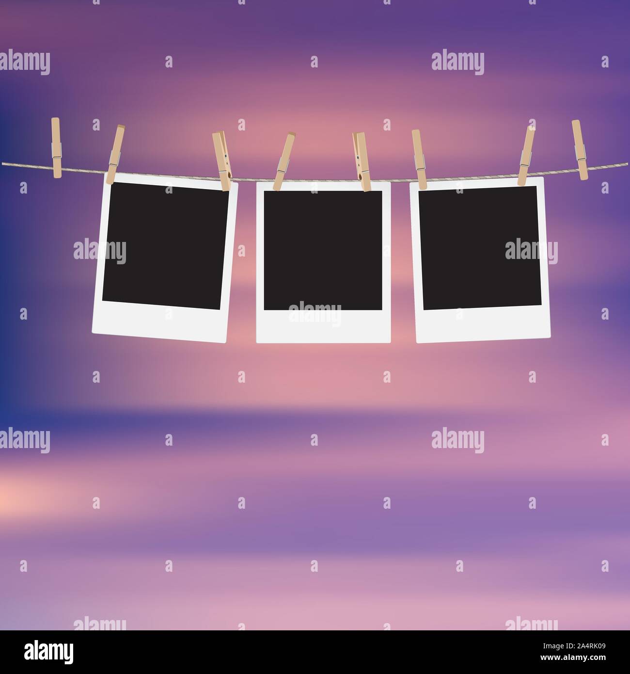 Retro photo frames hung on a rope with wooden clothespins. Stock Vector