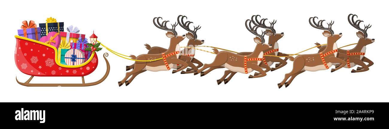 Santa claus sleigh full of gifts and his reindeers. Happy new year decoration. Merry christmas holiday. New year and xmas celebration. Vector illustration in flat style Stock Vector