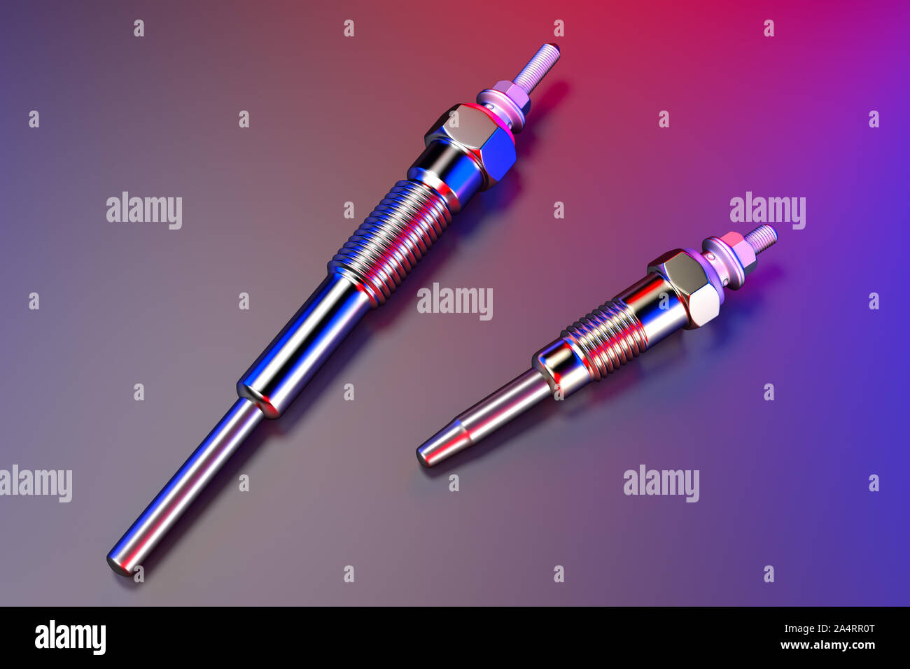 Two types of auto parts glow plug on a multicolored background. Spare part for the car engine. 3d rendering Stock Photo