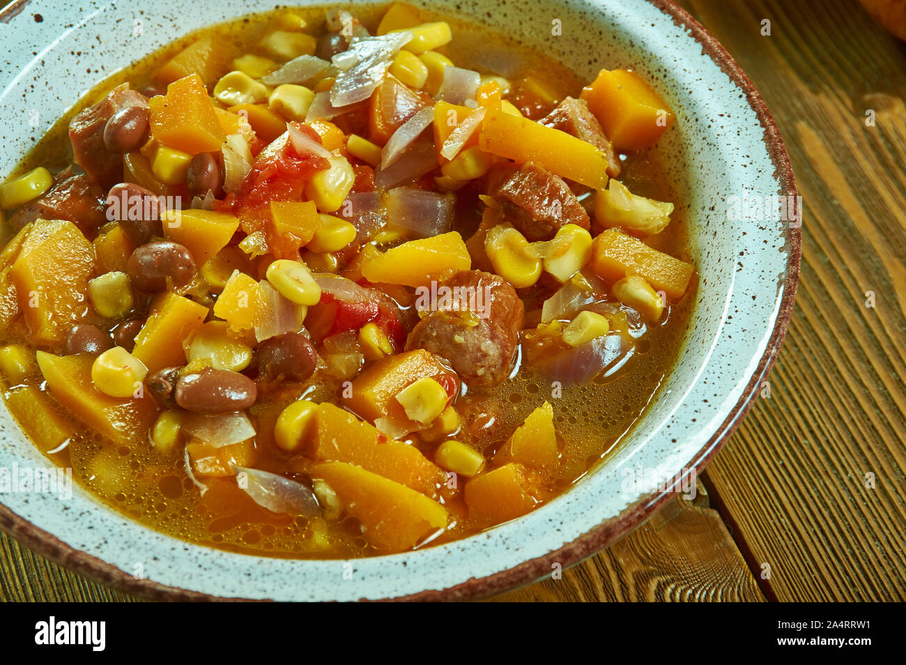 Bean kidney Stew With Sausage, Butternut Squash, close up Stock Photo