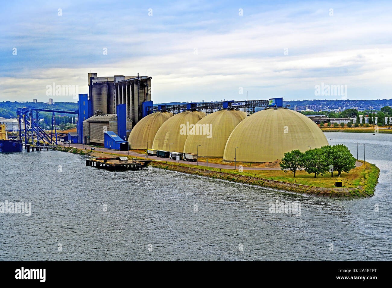 River Seine La Havre area August 14 2019 4 large circular grain storage