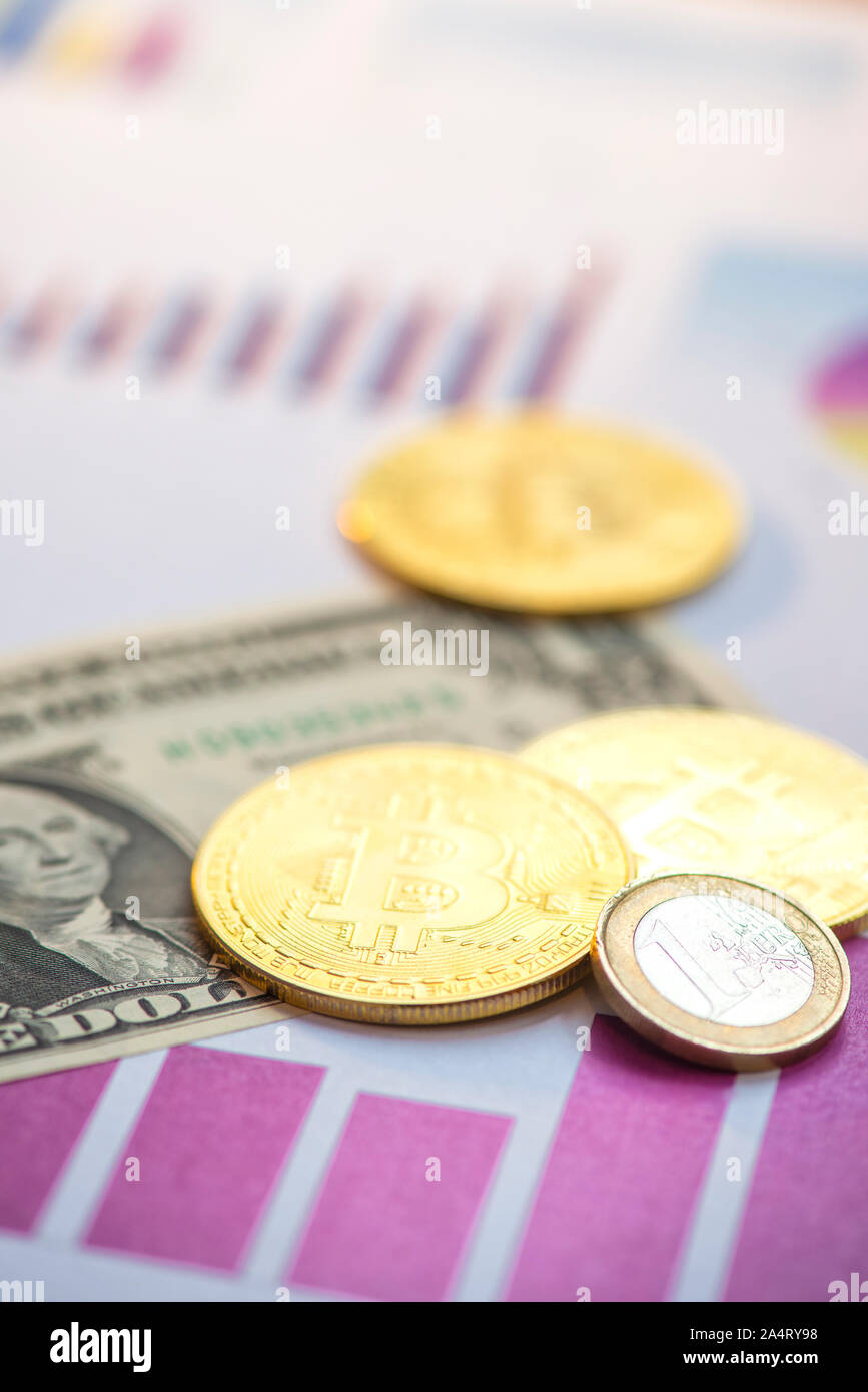 bitcoins and  us dollars. financiar concept Stock Photo