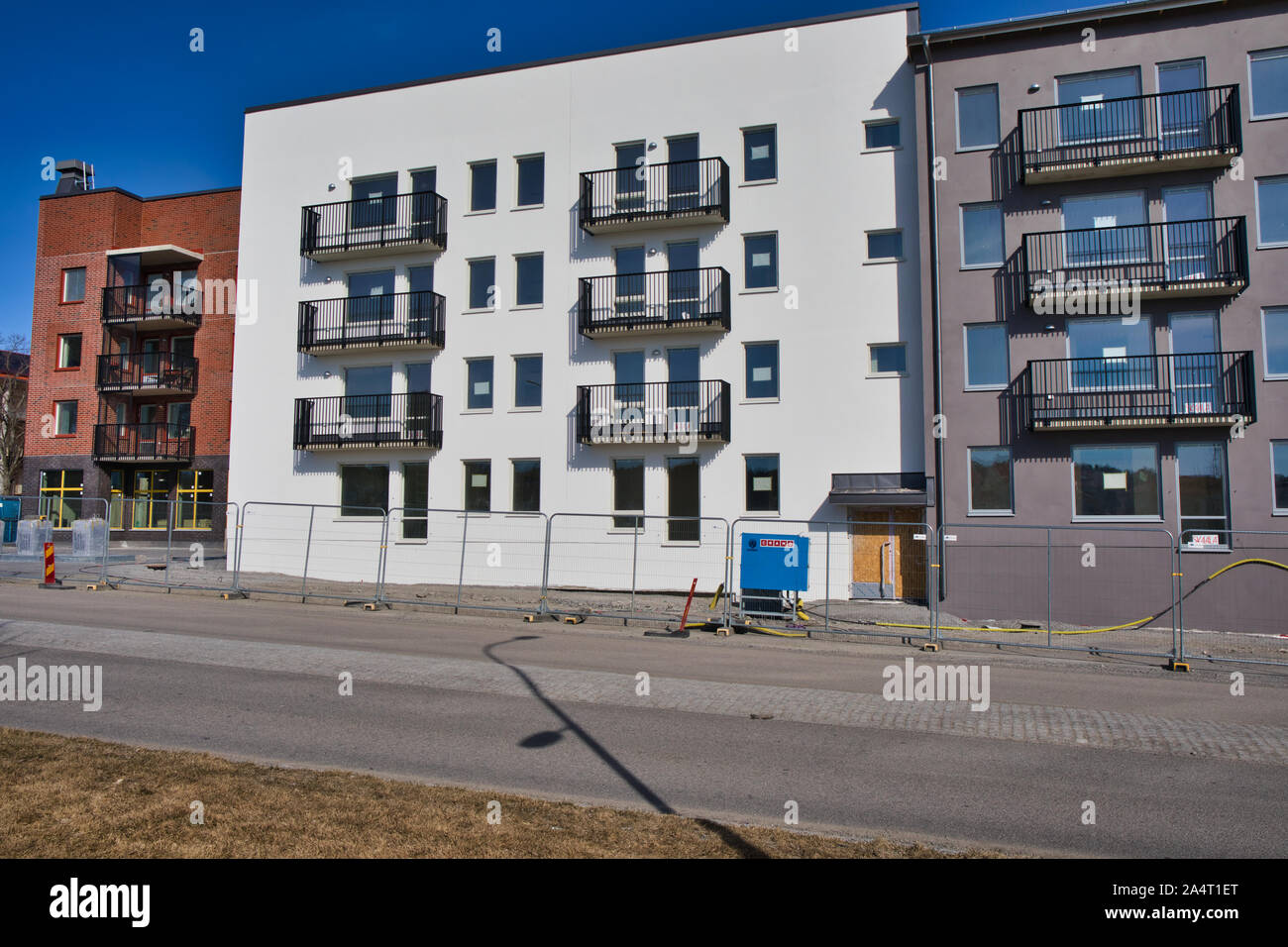 Newly built apartments in the suburb of Runby, Upplands Vasby, Stockholm County, Sweden Stock Photo