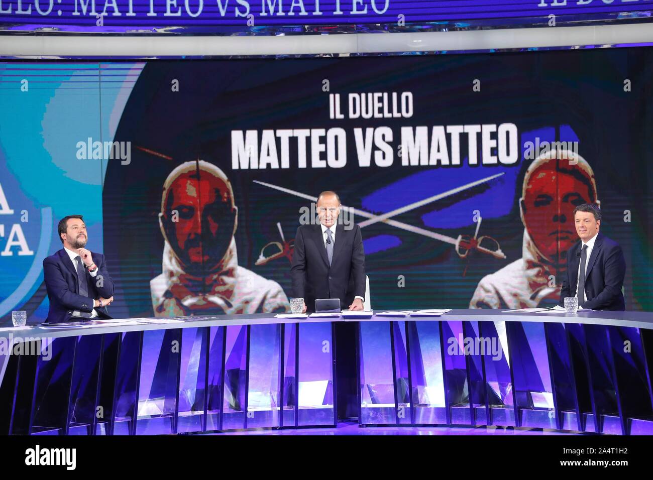 Italy, Rome, October 15, 2019 :  (C)The italian anchorman Bruno Vespa during tv talk show 'Porta a porta' with (R) Matteo Renzi, the leader of Movemen Stock Photo