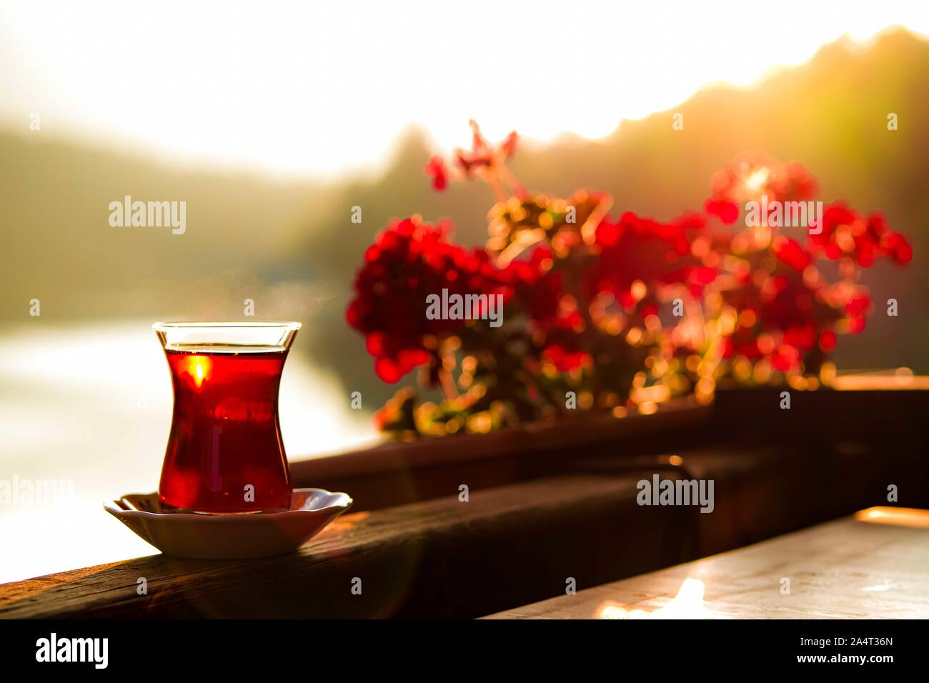 Turkish tea and beautiful sunset at the lake with red flowers background. Lake Golcuk, Bolu, Turkey. Stock Photo