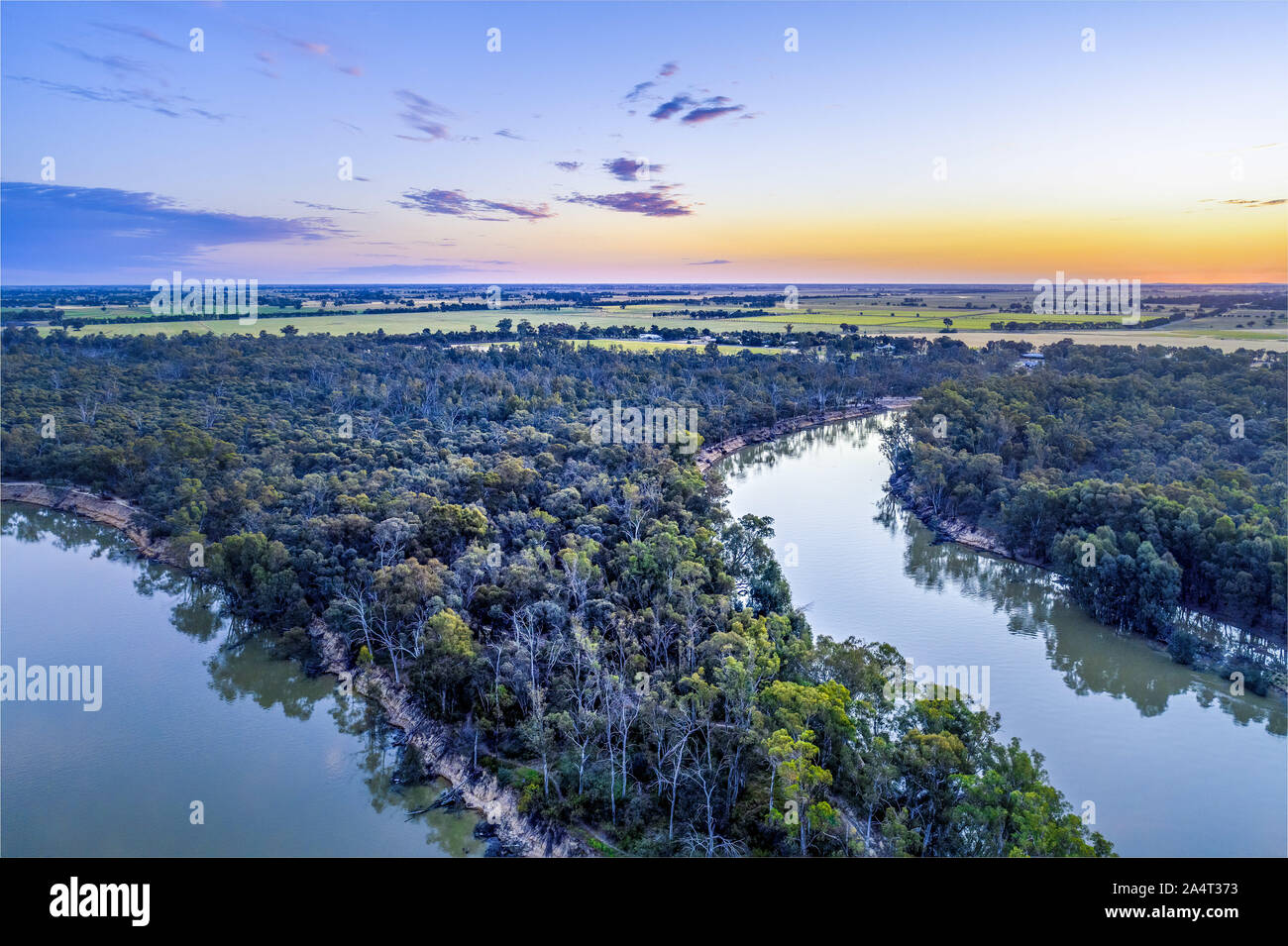 Murray River bends among trees at dusk - aerial landscape Stock Photo