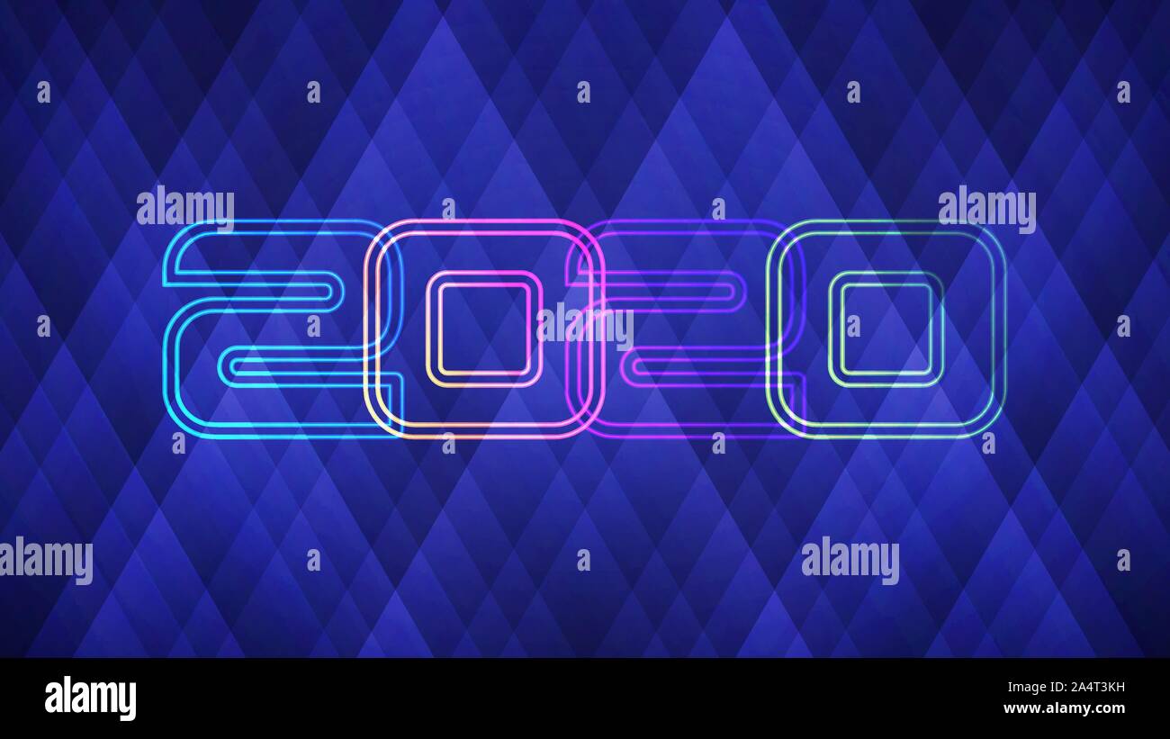 Happy New Year 2020 light background. Vector illustration of abstract glowing neon colored numbers over blue background for your design Stock Vector