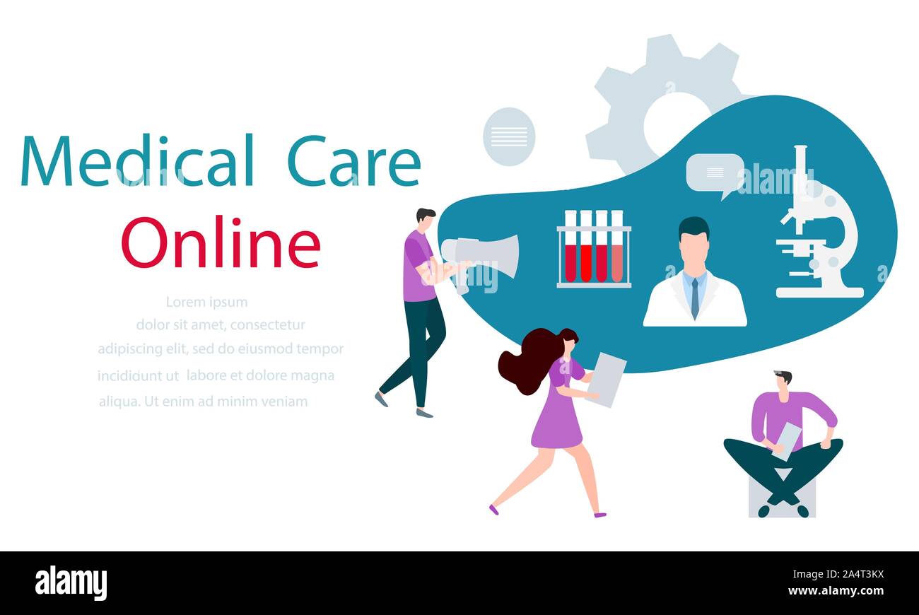 Vector illustration with people, online doctor, microscope, medical