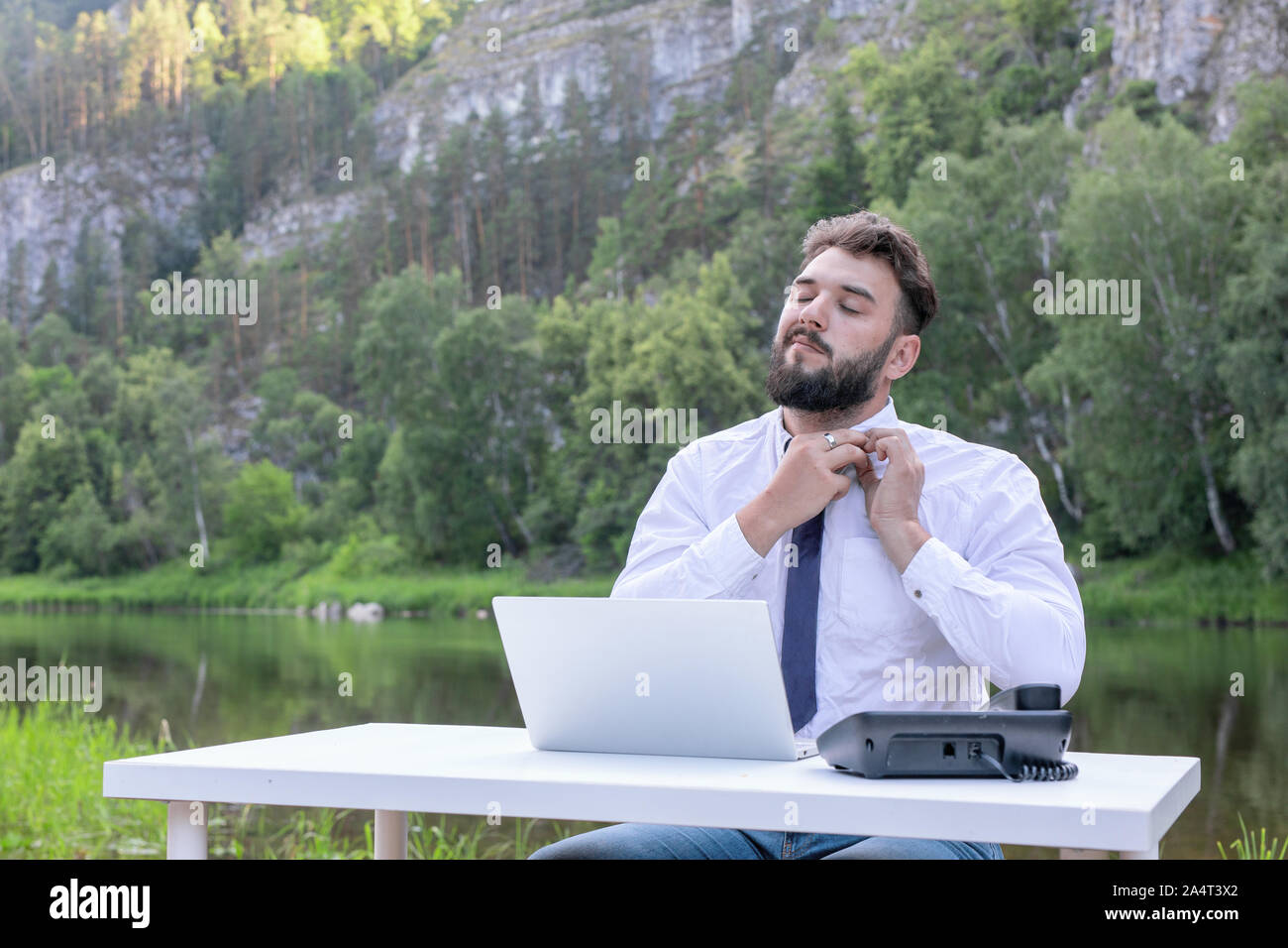 Entrepreneur able to satisfy himself, made a good deal. Portrait of happy successful businessman. Power, success and leadership concept. Stock Photo