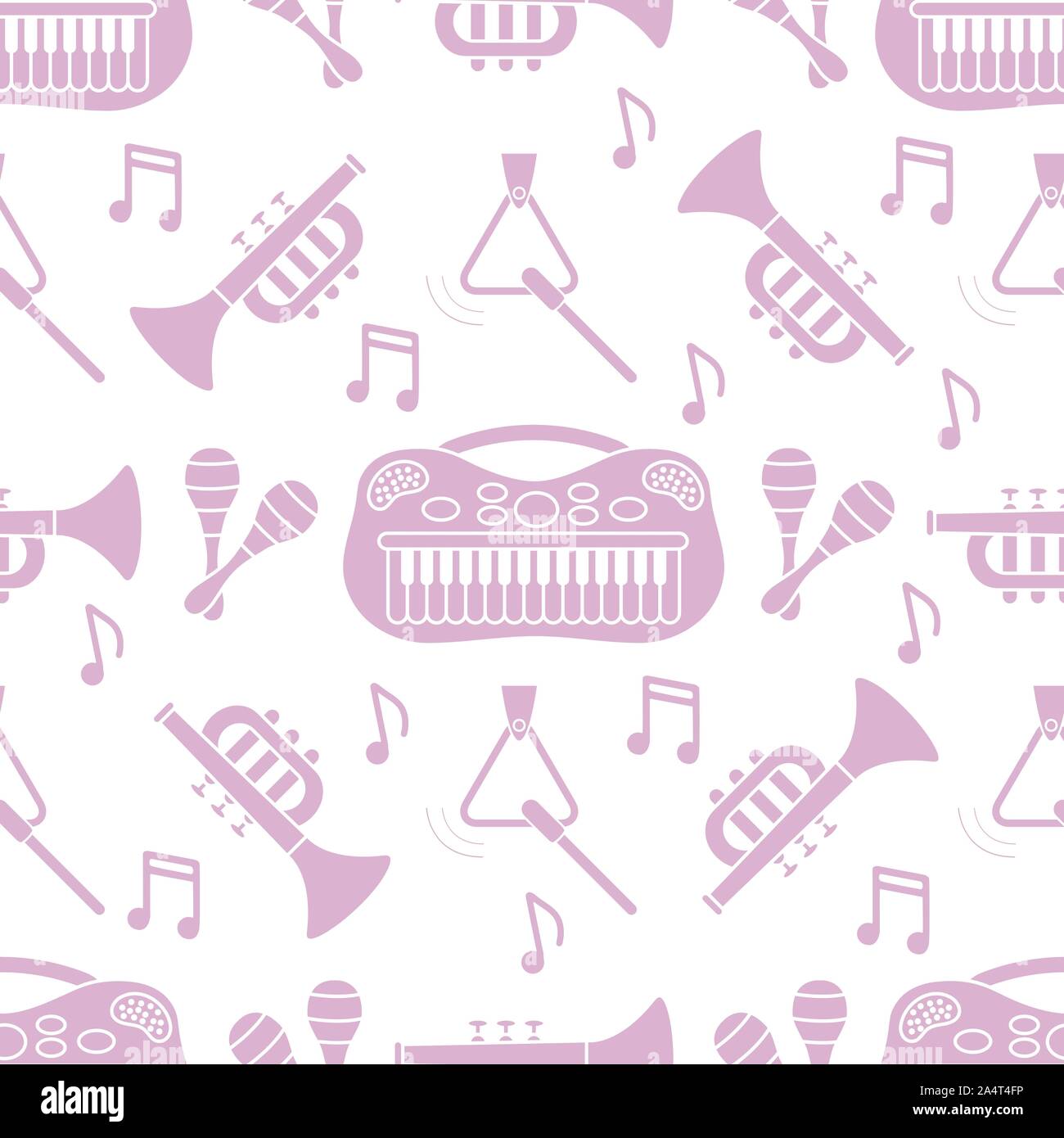 Vector seamless pattern with children's musical toys. Illustration with musical instruments. Maracas, synthesizer, trumpet, triangle and notes. Toys f Stock Vector