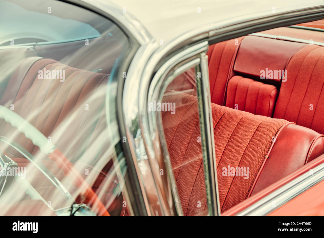 Classic car with steering wheel and red seats details, Nottingham Transport Festival, Autokarna 2019, Wollaton Park, Nottingham, east Midlands England Stock Photo