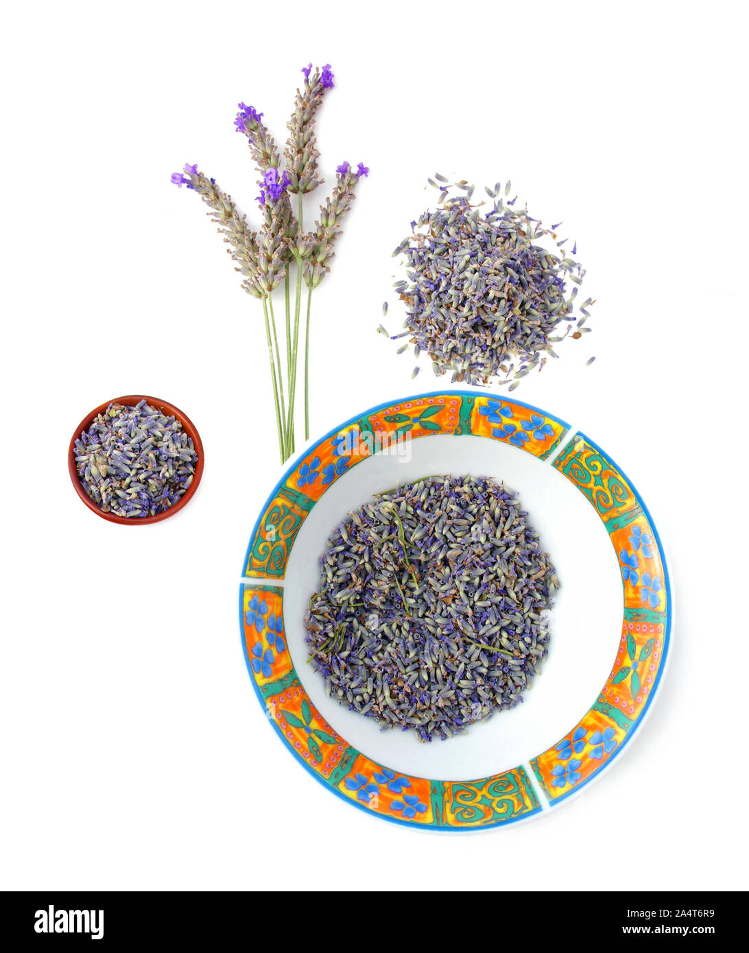 Dried lavender flowers, on stem, or in bulk. White background Stock