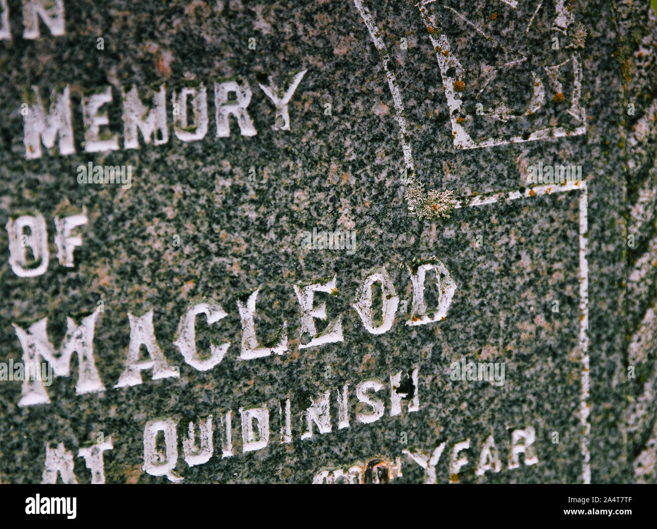 Gravestone of a Macleod from Quidinish buried in the graveyard of St Clement's Church at Rodel, Isle of Harris, Outer Hebrides, Scotland Stock Photo