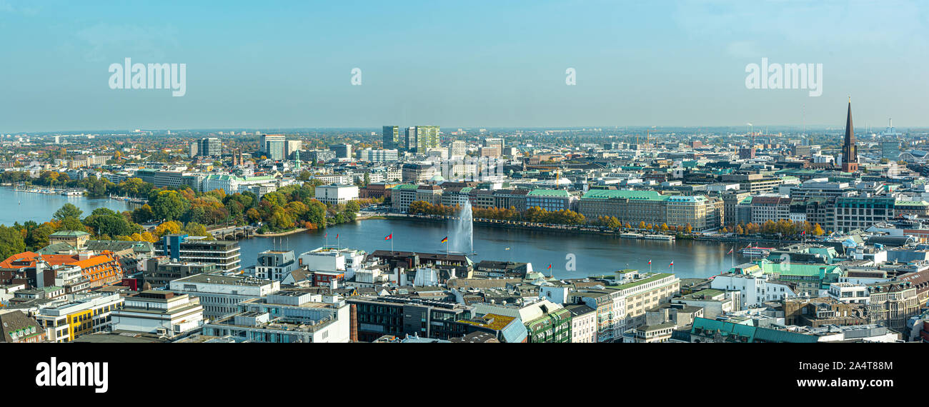 panoramic aerial view of Alster Lake in Hamburg, Germany and cityscape on sunny day Stock Photo