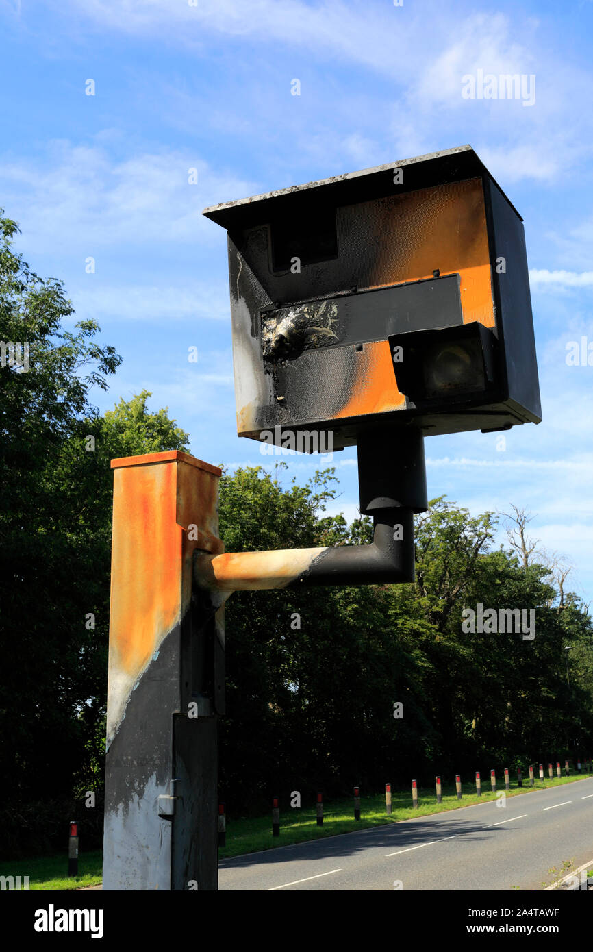 Burnt out and vandalised Speed Camera, Thorney village; Cambridgeshire; England; UK Stock Photo