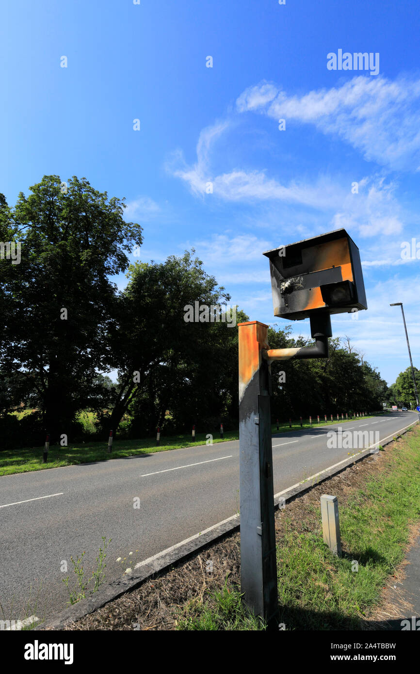 Burnt out and vandalised Speed Camera, Thorney village; Cambridgeshire; England; UK Stock Photo