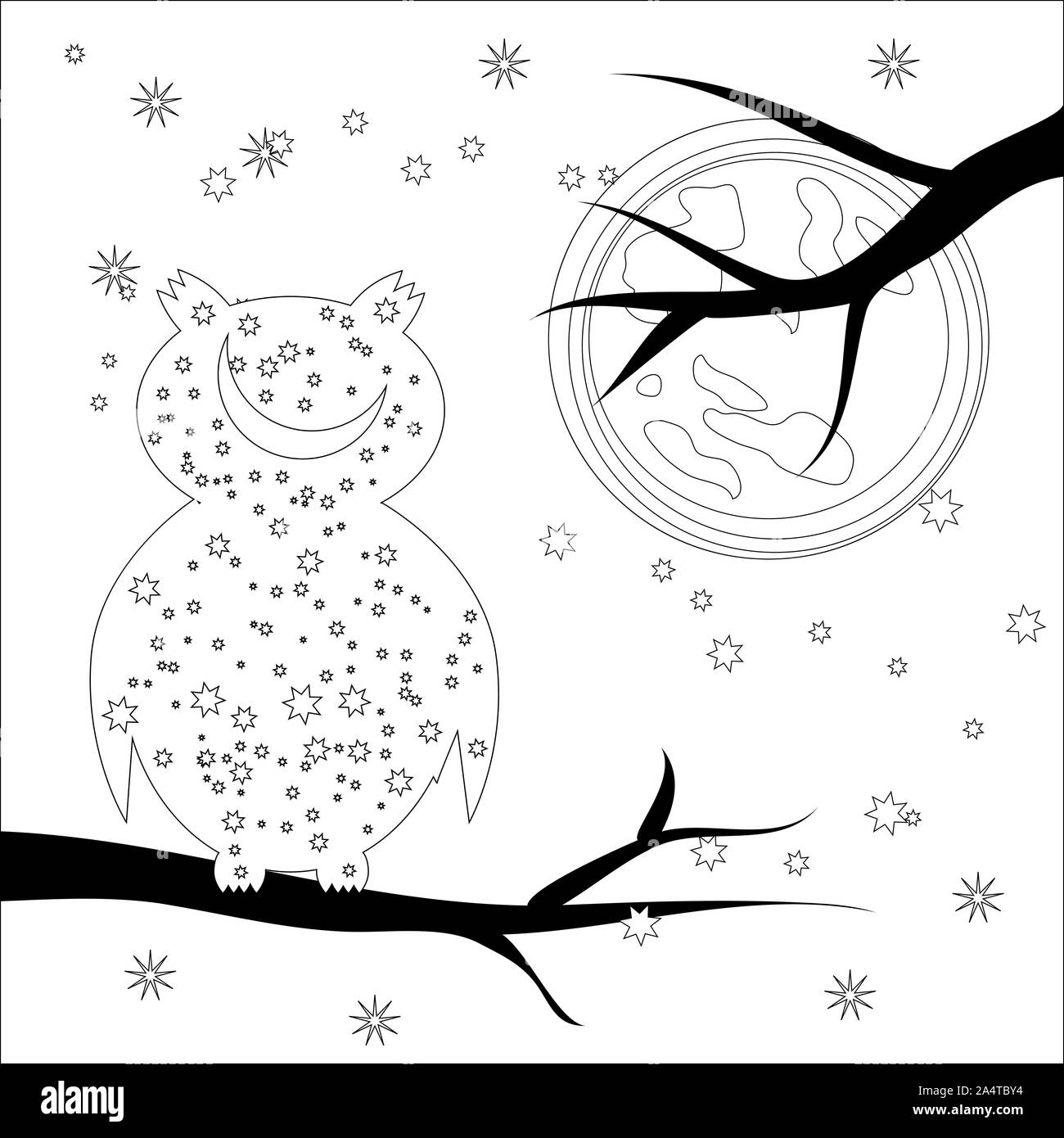 Download Coloring Page With Symbol Moon Sun Owl Coloring Book For Adult Antistress Album Wall Mural Art Tattoo Black And White Outline Illustration Stock Photo Alamy