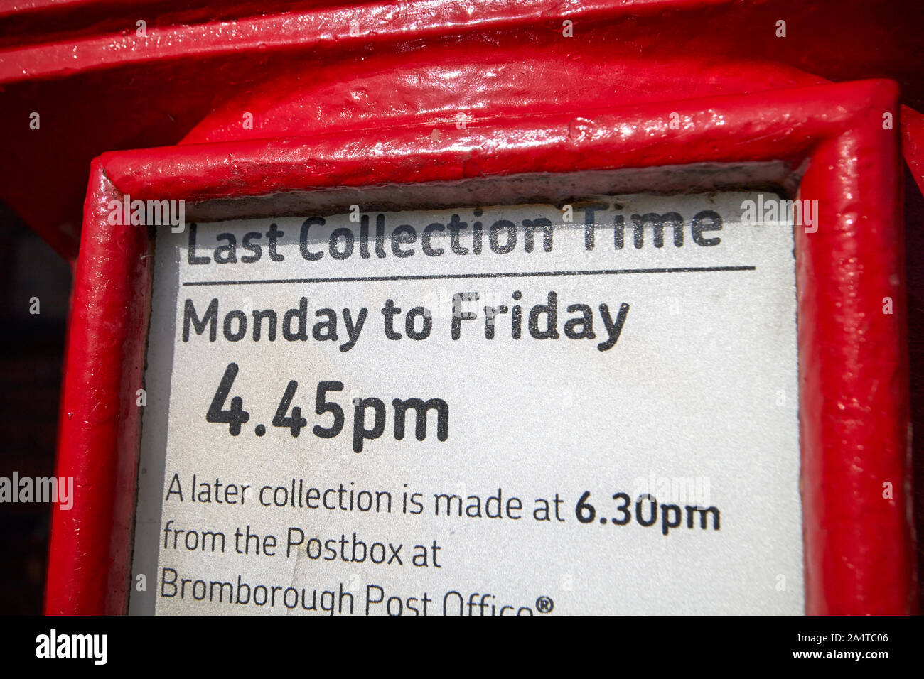 last collection time details on red post office postbox Port Sunlight