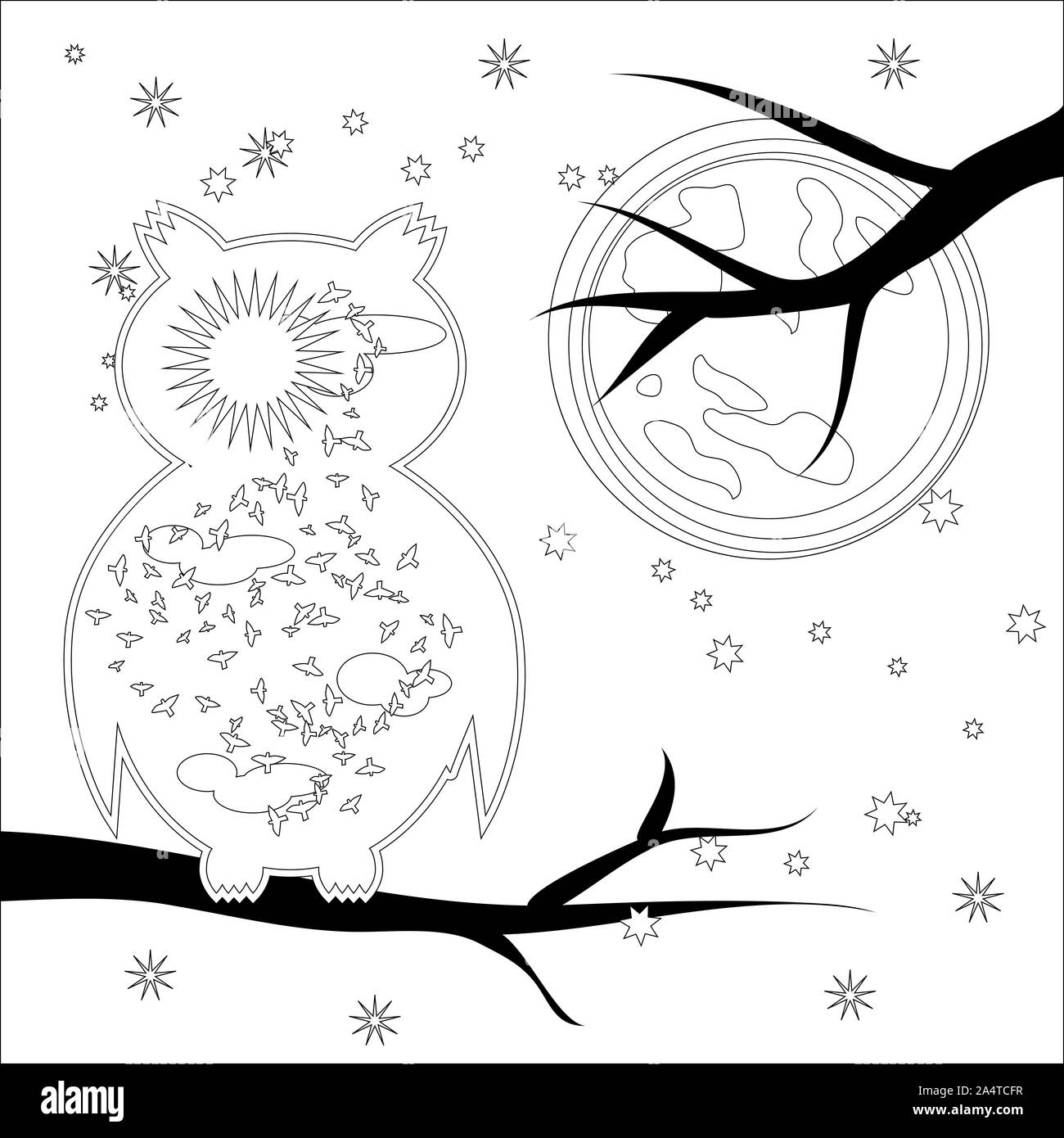 Coloring page with symbol moon, sun, owl. coloring book for adult,  antistress, album, wall mural, art, tattoo. Black and white outline  illustration Stock Photo - Alamy