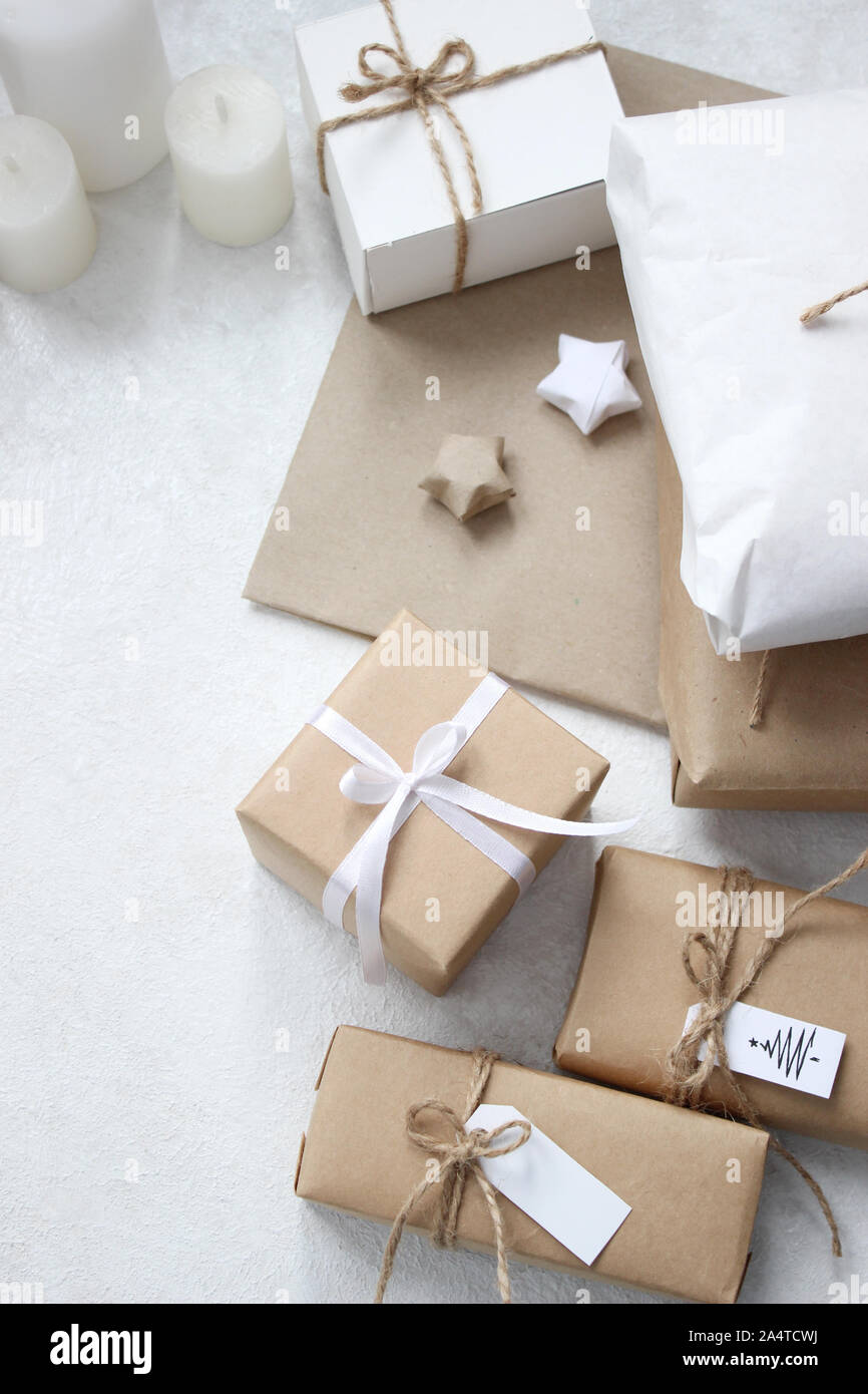 Wrapped and Decorated Gift Boxes on a White Background. Christmas, New Year Holidays Concept. Stock Photo