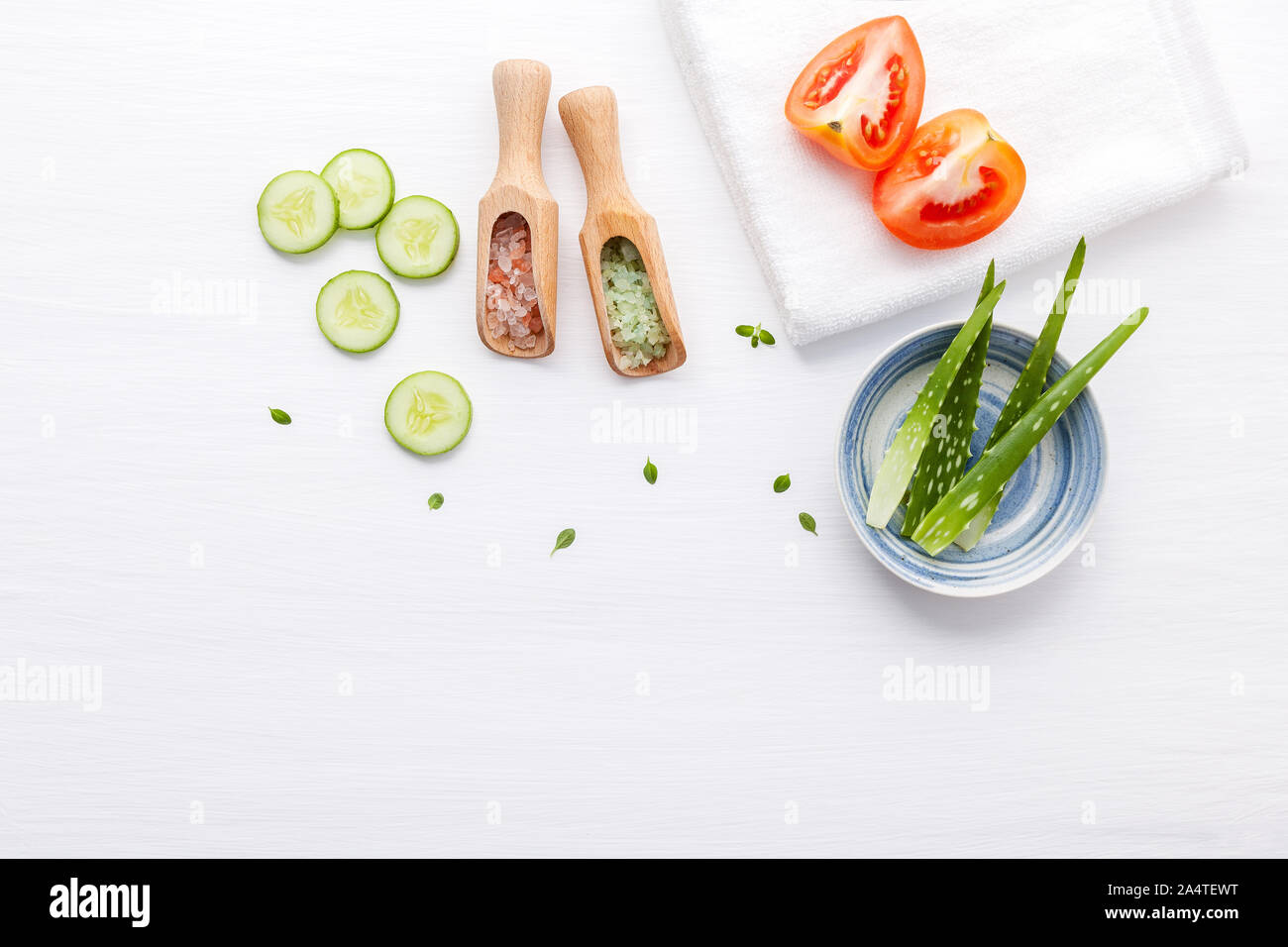 Natural herbal skin care products. Top view ingredients cucumber ,aloe