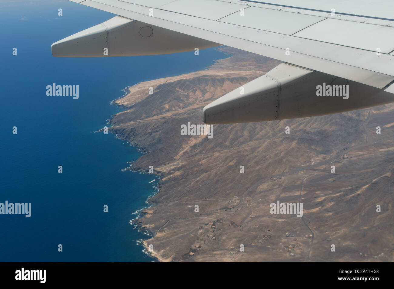 Fuerteventura as seen from within the plane during a fly by in July Stock Photo