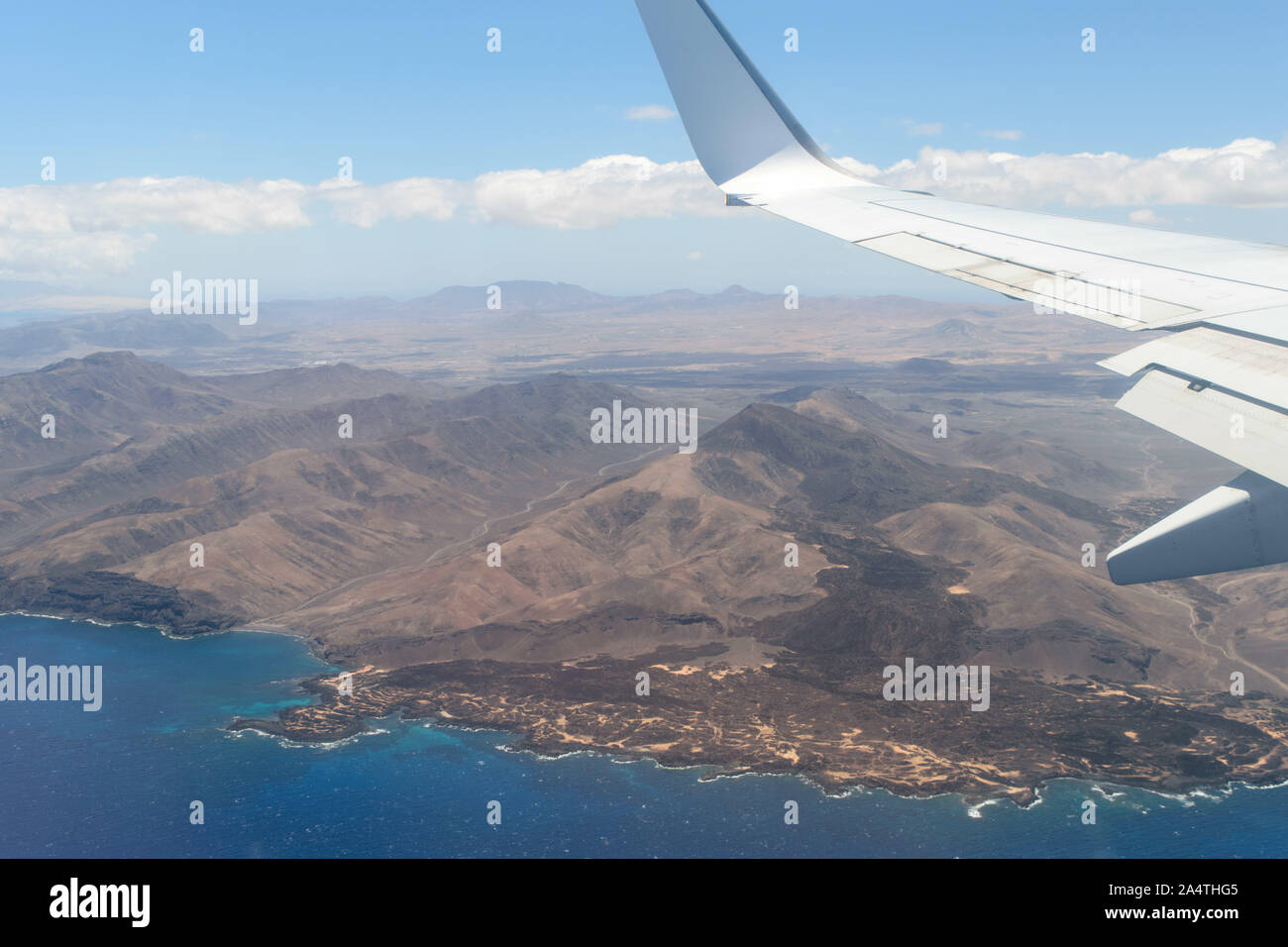 Fuerteventura as seen from within the plane during a fly by in July Stock Photo