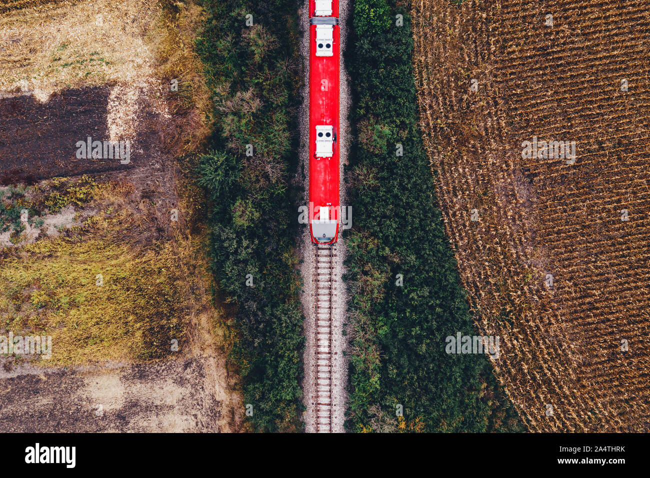 Aerial view of passenger train on railway through autumn countryside landscape, top view from drone pov Stock Photo